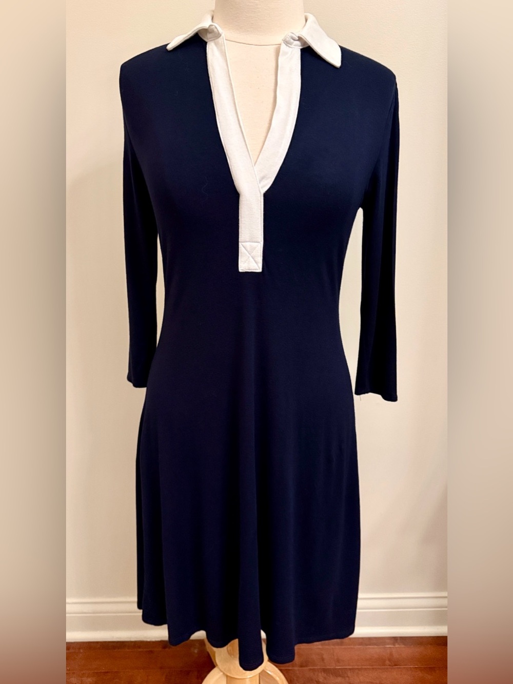 Joan Vass Navy Blue White SZ S Nautical Coastal Yacht Rock Maritime Knit Dress